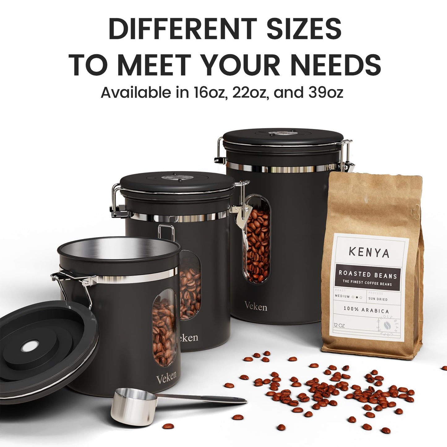 Veken Coffee Canister with Window, Airtight Stainless Steel Container, 16OZ