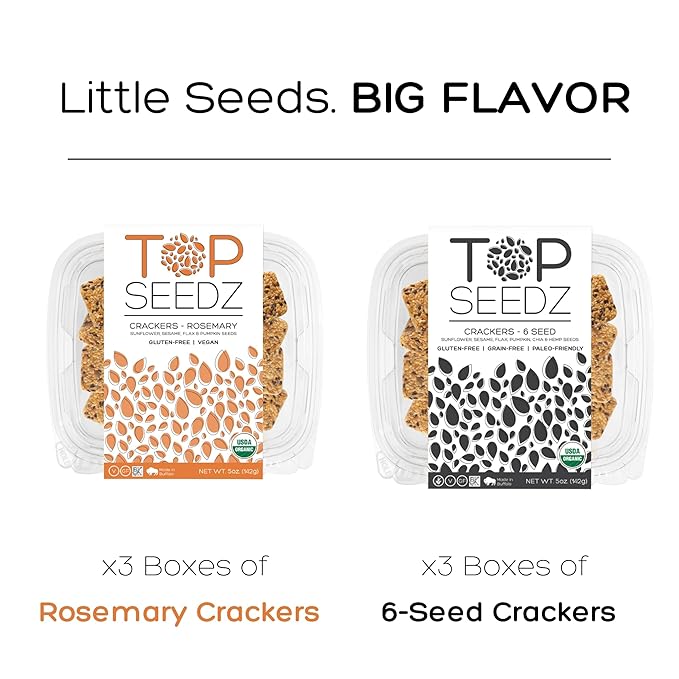 Top Seedz Certified Organic Gluten Free Rosemary and 6 Seed Crackers | 6-Pack | 5 Ounces | Healthy Vegan Crackers with Plant Based Protein | Made of Sunflower, Flax, Sesame and Pumpkin Seed