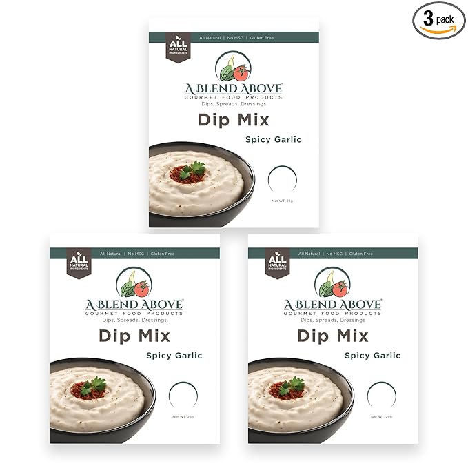 A Blend Above Spicy Garlic Dip Mix, 3 Packs, 1 oz. Each, Makes 16 Ounces, Gluten-Free, No MSG, All Natural, No Preservatives, Vegan Friendly, Keto Friendly, Vegetable Dip, Chip Dip, Low Carb, Easy to Make