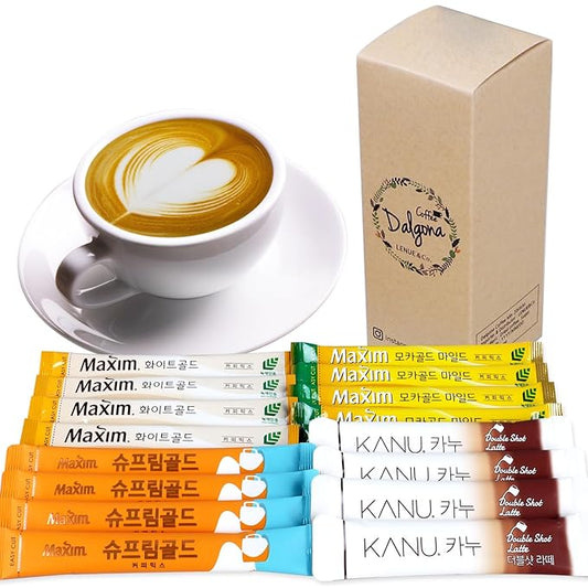 Korean Latte - Korean 3 in 1 Instant Coffee Variety Sample Packets with Gift Box Set, Maxim Supreme Gold KANU Latte 4 Mix Combination 16 Sticks