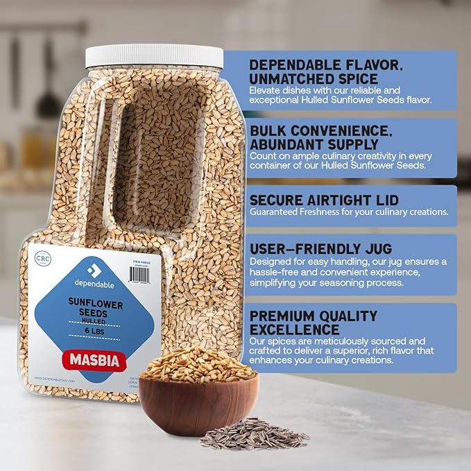 Dependable Foods Hulled Sunflower Seeds ??6 Lb. Bulk Jar - Non-GMO, Kosher, Salt-Free, Seasoning | Nutty Goodness