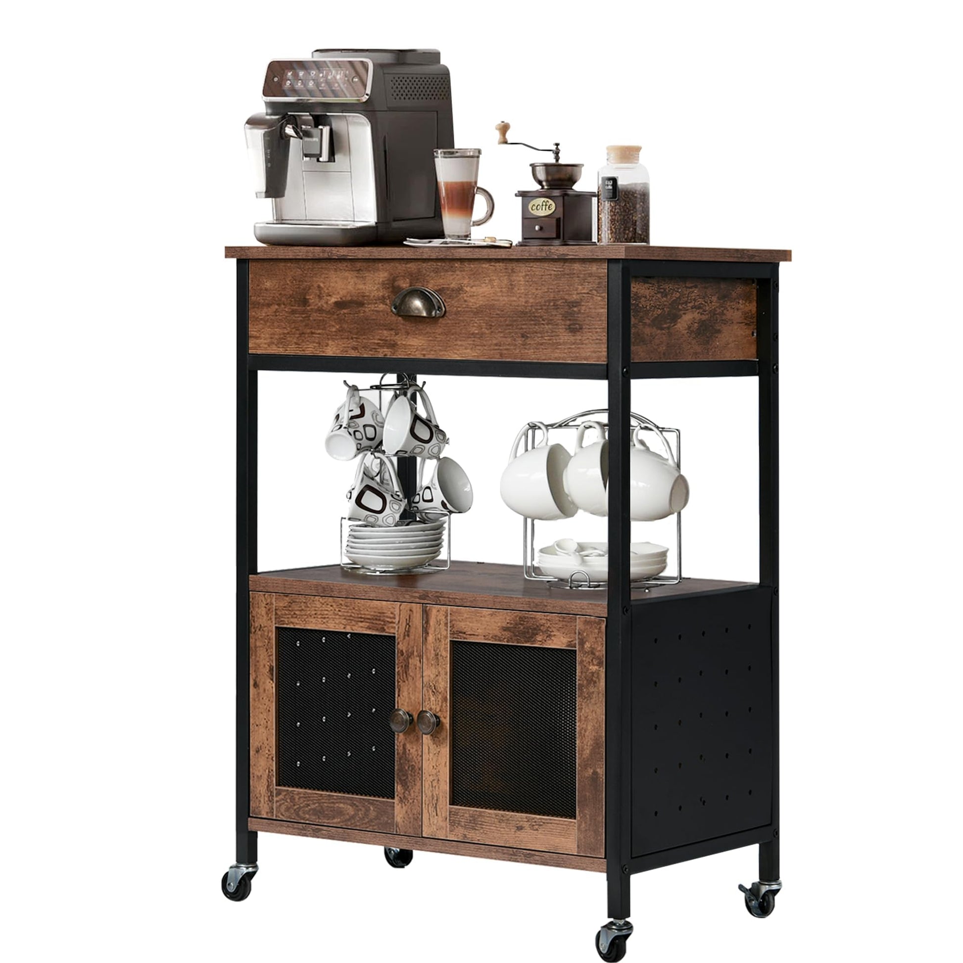 Catrimown Coffee Bar Cart Cabinet,3 Tier Coffee Station Table on Wheels,Coffee Cart with Storage