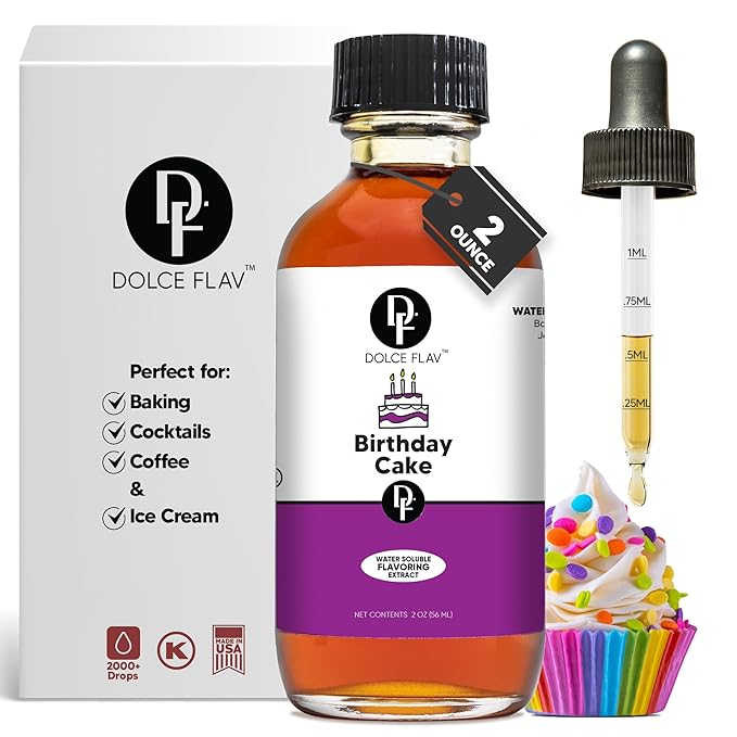 Dolce Flav Birthday Cake Extract ??2 Ounce Water-Soluble Kosher, Sugar-Free, Concentrated Festive Cake Flavoring for Frostings, Cupcakes & Desserts, Includes Measured Dropper