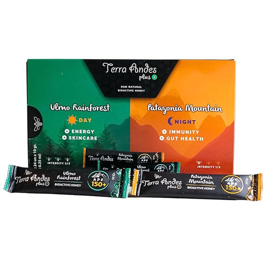 Organic Raw Honey Sachets 24 units by Terra Andes Plus - Ideal for Travel, Sports, Superfood Snacks and On-the-Go Daily Wellness - Ulmo Rainforest / Patagonia Mountain APF 150 - raw honey organic unfiltered