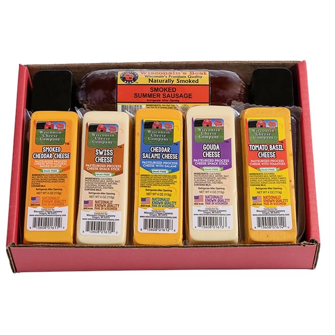 Wisconsin Cheese Company - Specialty Cheese & Summer Sausage Gift Box - 100% Wisconsin Gouda, Smoked Cheddar, Salami, Tomato Basil Cheddar, Swiss (Pack of 5 Blocks) | Perfect for Parties, Charcuterie Boards and Birthdays | Great Birthday Gift