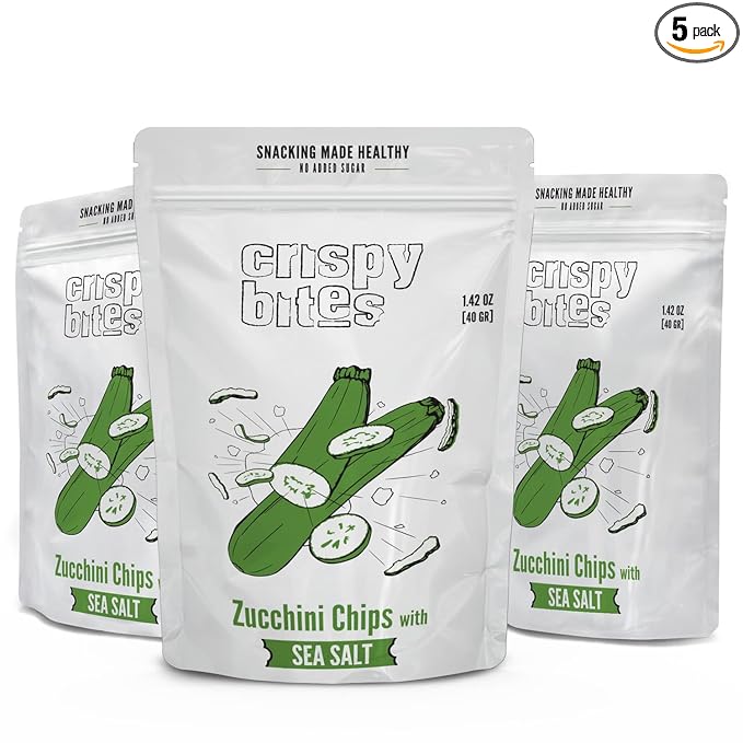 Baked Zucchini Chips, Oven Baked No Oil Added, Vegetable Crisps, No Sugar Added Gluten Free Healthy Snack, Vegan, Veggie Snack Pack, Salad Topper, Sea Salt, 1.42oz Sealable Bags, Pack of 5