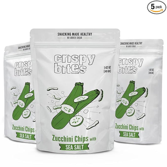 Baked Zucchini Chips, Oven Baked No Oil Added, Vegetable Crisps, No Sugar Added Gluten Free Healthy Snack, Vegan, Veggie Snack Pack, Salad Topper, Sea Salt, 1.42oz Sealable Bags, Pack of 5