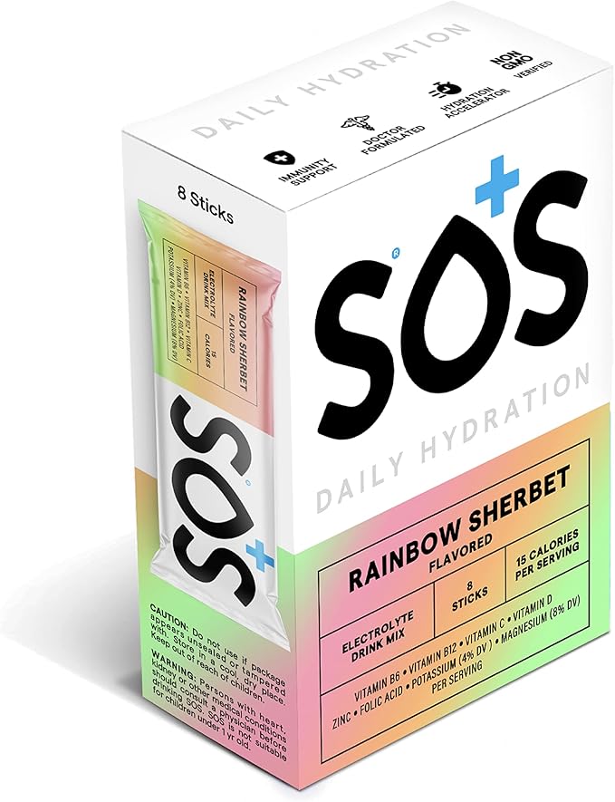 SOS Hydration Electrolyte Powder 8 Stick Packs ??Low-Calorie, Rapid Rehydration, Made in USA, Keto (8 Servings, Rainbow Sherbert)