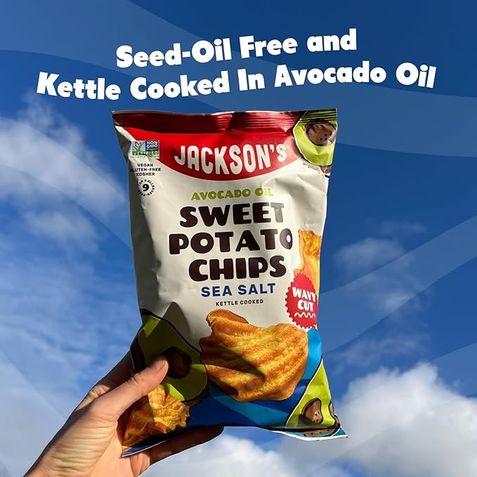 Jackson???Wavy Sweet Potato Kettle Chips - with Sea Salt made with Premium Avocado Oil (5 oz, Pack of 7) - Allergen-friendly, Gluten Free, Peanut Free, Vegan, Paleo Friendly - Shark Tank Product