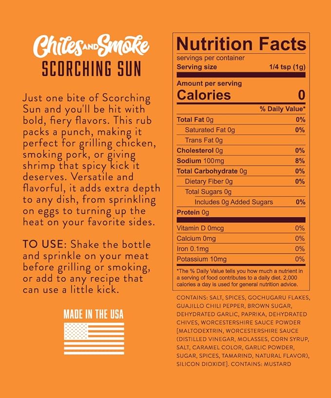 Chiles and Smoke - Scorching Sun All Purpose Seasoning for Chicken Thighs, Meats, Seafood & More, Hot Taco Seasoning with Spices, Low-Sodium Cooking Grilling Gifts, No Dairy, Gluten & MSG, 270 g