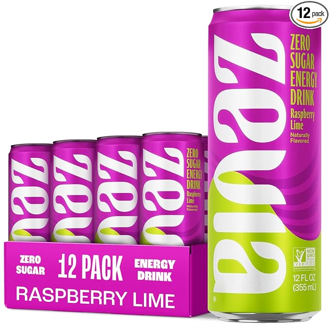 Zevia Zero Sugar Energy Drink, Raspberry Lime, 12 oz Cans (12-Pack) – Naturally Sweetened, Zero
