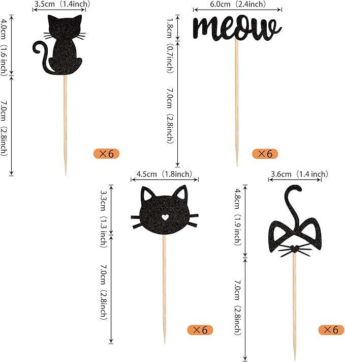 24 Pack Cat and Meow Cupcake Toppers Black Glitter Kitten Cat Cupcake Food Picks Cat Lover Kitten Theme Baby Shower Kids Birthday Wedding Party Cake Decorations Supplies