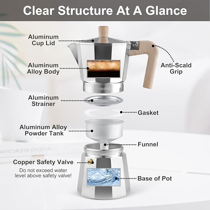 Sivaphe Aluminum Moka Pot 3 Espresso Cups, Percolator Espresso and Coffee Maker, Portable Stovetop Italian and Cuban Cafì±?Brewer for Home and Camping Sliver