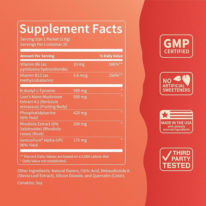 SuperFocus Mojito ??Nootropic Focus Drink Mix, 20 On-The-Go Packets, Alpha GPC, Lion?™s Mane, Rhodiola, Sugar-Free