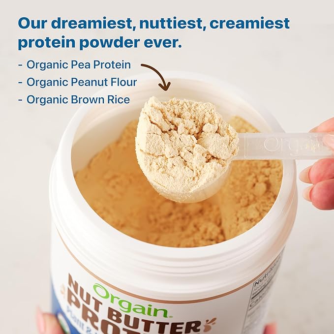 Orgain X Justin's ì§?Organic Vegan Nut Butter Protein Powder, Vanilla Almond Butter- 20g Plant Protein, 1g Sugar, Gluten Free, No Dairy, Soy Ingredients, or Artificial Flavors, 1.17 lb