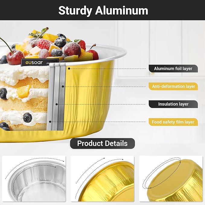 EUSOAR Disposable Ramekins, 25pcs 9oz Gold Creme Brulee Cups Cupcake Liners Holiday, Aluminum Pans with Lids Bakery Flan Bread Pie Tart Brownie Round Holders for Wedding Birthday Theme Party