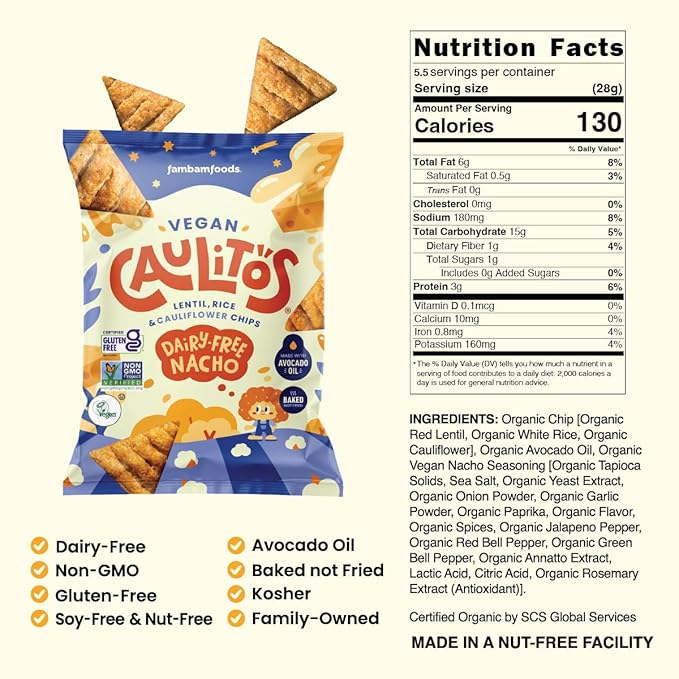 Caulitos ??5 Pack | Lentil, Rice & Cauliflower Chips | Organic, Gluten-Free, Non-GMO, Kosher, Nut-Free, Baked with Avocado Oil (5.5 oz bags, Nacho Cheese)