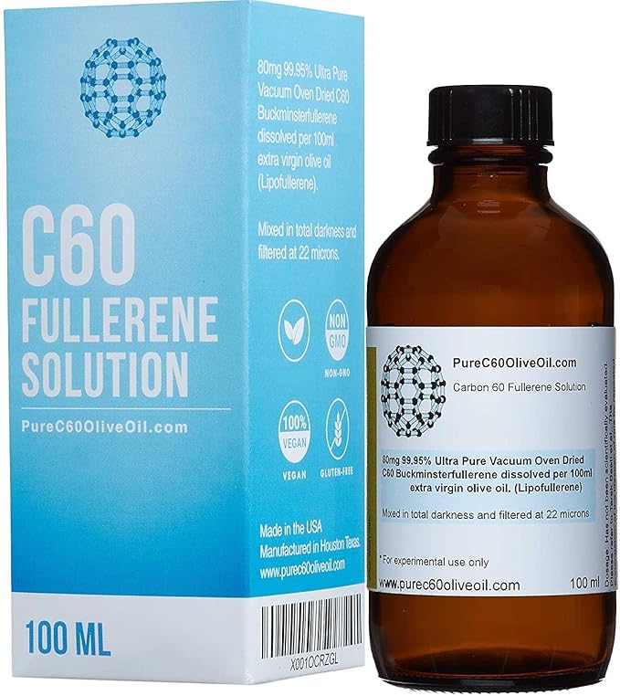 PureC60OliveOil C60 Organic Olive Oil 100ml / 3.4 Fl Oz - 99.95% Carbon 60 Solvent Free 80mg - Amber Glass Bottle - Food Grade - Carbon 60 Olive Oil - from The Leading Global Producer