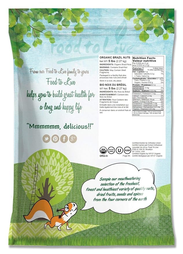 Food to Live Organic Brazil Nuts, 5 Pounds Non-GMO, Raw, Whole, No Shell, Unsalted, Kosher, Vegan, Keto, Paleo Friendly, Bulk, Trail Mix Snack, Good Source of Selenium, Low Sodium & Carb Food