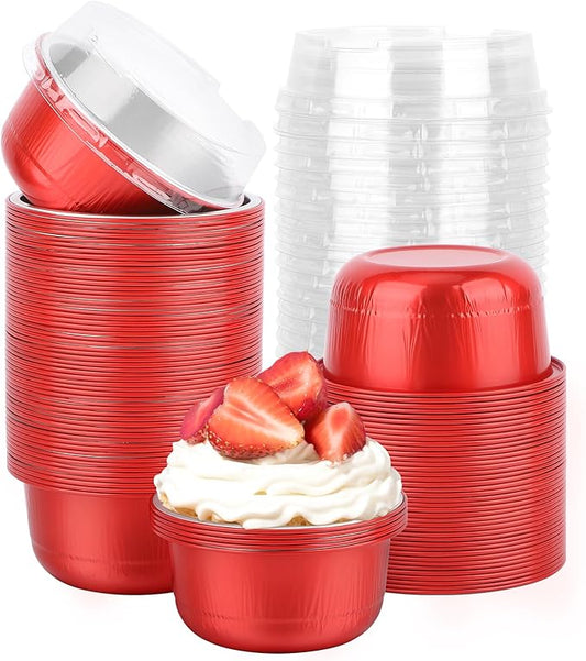 Beasea Disposable Baking Cups With Lids, 100 Pack 6.1oz 180ml Aluminum Foil Ramekins Round Baking Mini Cupcake Oven Cups for Party - Red