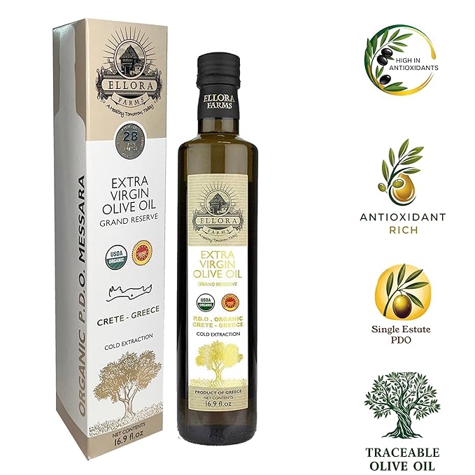 Ellora Farms, Organic Greek Extra Virgin Olive Oil, Single Estate PDO Messara, High Polyphenol, Traceable, Kosher, Glass Bottle in gift box, 17 FL oz