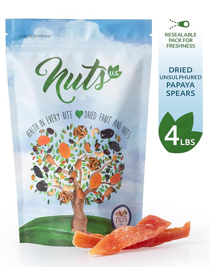 NUTS U.S. - Dried Papaya Spears (Unsulphured) | Low Sugar. Lightly Sugar Coated | No Color Added | Packed in a Resealable Bag!!! (4 LBS)