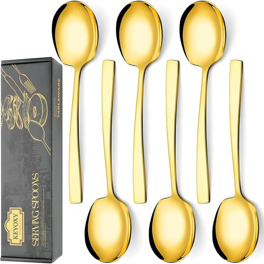 6 Piece Stainless Steel Serving Spoons Set - 6 Large Spoons, 9.2-Inch, Dishwasher Safe, for Parties/Kitchen/Buffet/Catering,Gold