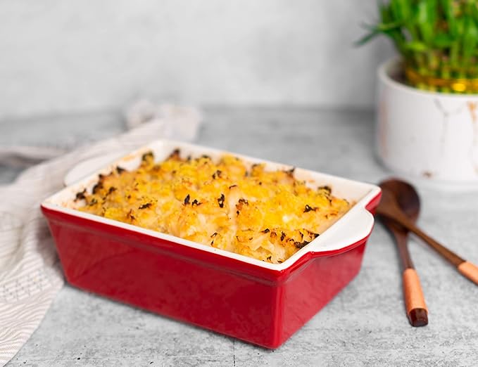 Kook Casserole Dish, Ceramic Baking Dish, Large Lasagna Pan Deep for Oven, 8.5 x 14, 11 x 7, 8 x 5, Set of 3, 92oz, 50oz, 20oz, Baking Pan with Handles, Oven Safe and Durable, Home, Gift, (Cherry Red)