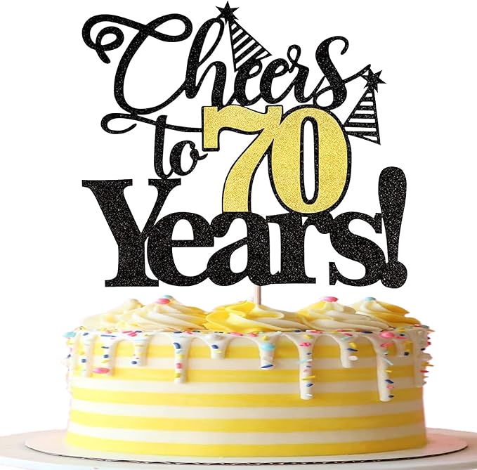Rsstarxi 1 Pack Cheers to 70 Years Cake Topper Glitter Seventy Years Old 70th Birthday Cake Pick 70 Fabulous Cake Decorations for Happy 70th Birthday Wedding Anniversary Party Supplies Black