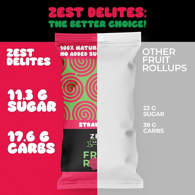 Fruit Rolls by Zest Delites, 100% Natural Healthy Fruit Snacks for Kids & Adults, Made from Real Strawberry Leather, Vegan, School Lunch Snack, A Twist on Strawberry Strips, 10 Packs