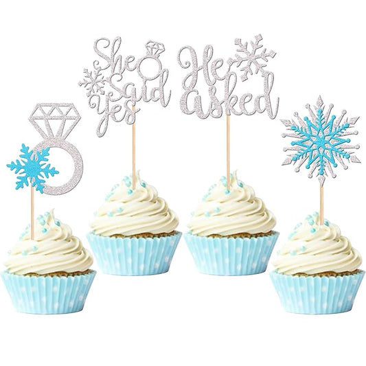 24 PCS He Asked She Said Yes Cupcake Toppers Glitter Diamond Ring Snowflake Cupcake Picks Bridal Shower Cake Decorations for Winter Wonderland Wedding Engagement Party Cake Decorations Supplies