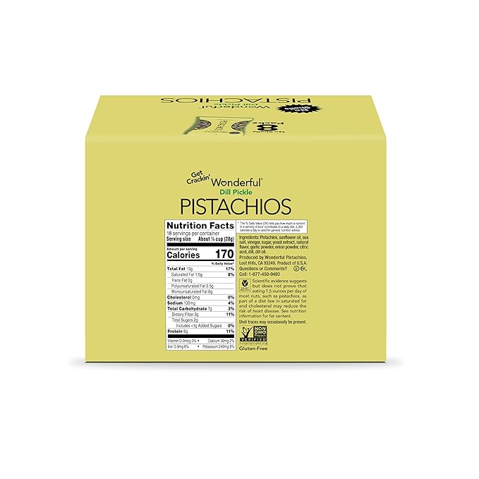 Wonderful Pistachios No Shells, Dill Pickle Flavored Nuts, 2.25 Ounce Bag (Pack of 8), Protein Snacks, Healthy Snack, Travel Snacks
