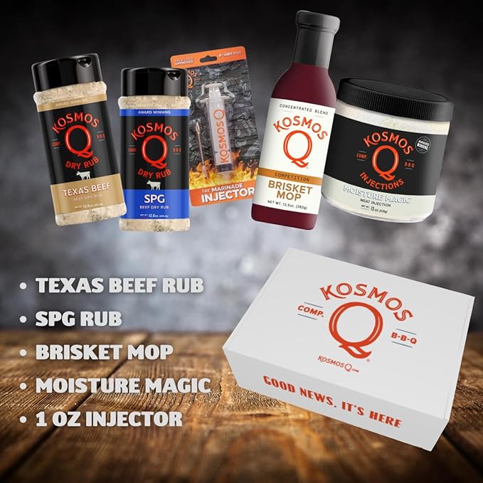 Kosmos Q Pitmaster BBQ Brisket- 5 pc Set - Texas Beef Rub, SPG Rub, Brisket Mop, Moisture Magic, 1oz Injector