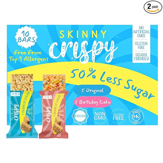 Skinny Crispy Variety Rice Treats ??Birthday Cake (5) & Vanilla (5), Low Sugar (4g), Vegan, Gluten-Free, Dairy-Free, Non-GMO, Top 9 Allergen-Free, Healthy Snack Bars, 10 Count