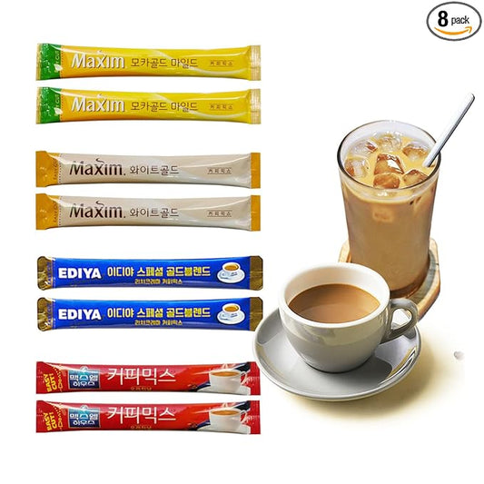 Korean 3 in 1 Instant Coffee Mix Variety Sample Packets - 8 Sticks of 4 Different Flavors.Camping or Traveling Essentials.
