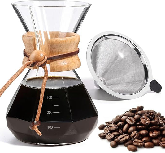 Pour Over Coffee Maker 14 OZ, 4 Cup Borosilicate Glass Drip Coffee Maker with Reusable Stainless Steel Filter and Cork Grip for Home Caf챕 400 ML (Diamond Shape)