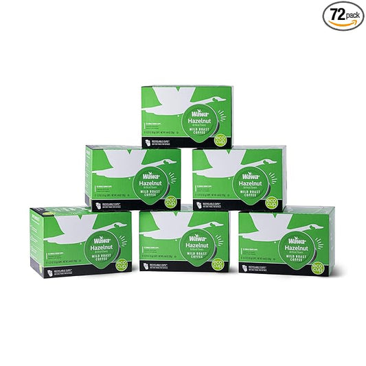 Wawa Mild Roast Single Cup Hazelnut Coffee Pods, 72 Pods, 6 Boxes, Lightly Roasted, Nutty Smooth Balanced Blend, Single Serve, 100% More Responsibly Sourced from Rainforest Alliance Certified Farms