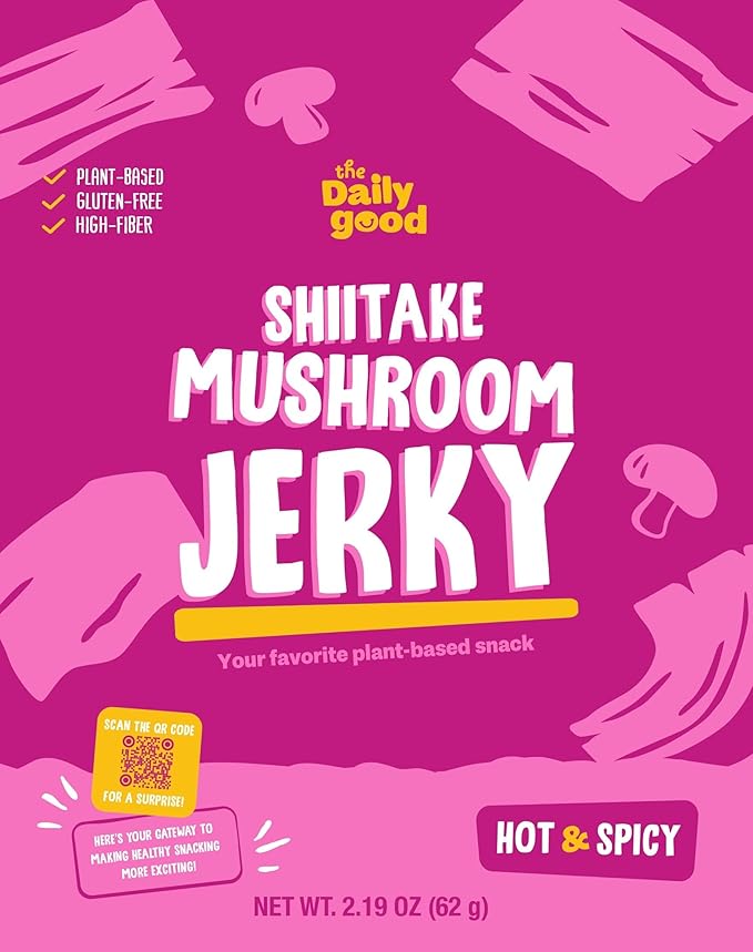 The Daily Good Mushroom Jerky - 3-Pack Snacks, Yummy High-Fiber Mushroom Snack, Meatless & Gluten-Free Food, Contains Eggs, Made from Shiitake Stalk, 0.58 lbs., Vegetarian, Charcoal Grill (BBQ Flavor)
