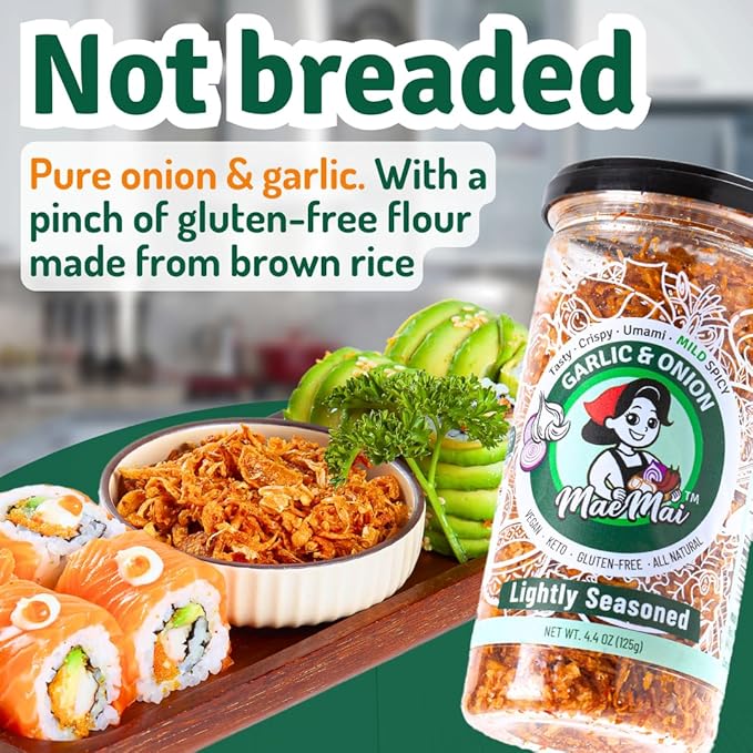MaeMai MILD Spice - Crispy Onions & Garlic Flakes - Keto, Healthy Seasoning, Salad Toppings, Fried Garlic - Ramen, Rice Seasoning, Vegan, Gluten-free | 5.47 Ounce Resealable Bottle