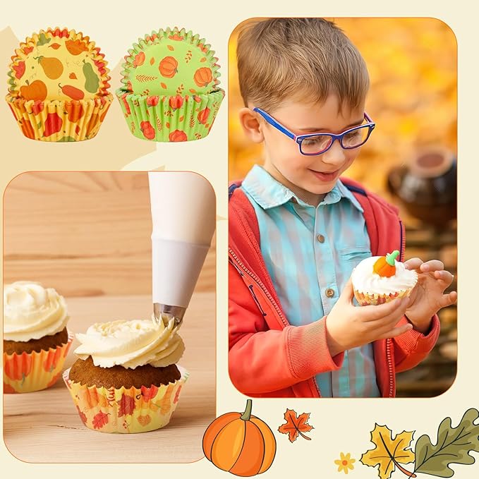 SANNIX 450pcs Fall Cupcake Liners, Thanksgiving Pumpkin Maple Leaf Cake Baking Cups Cupcake Wrappers Paper Wraps Muffin Liners for Autumn Thanksgiving Party Candy Cake Decorations Supplies(9 Designs)