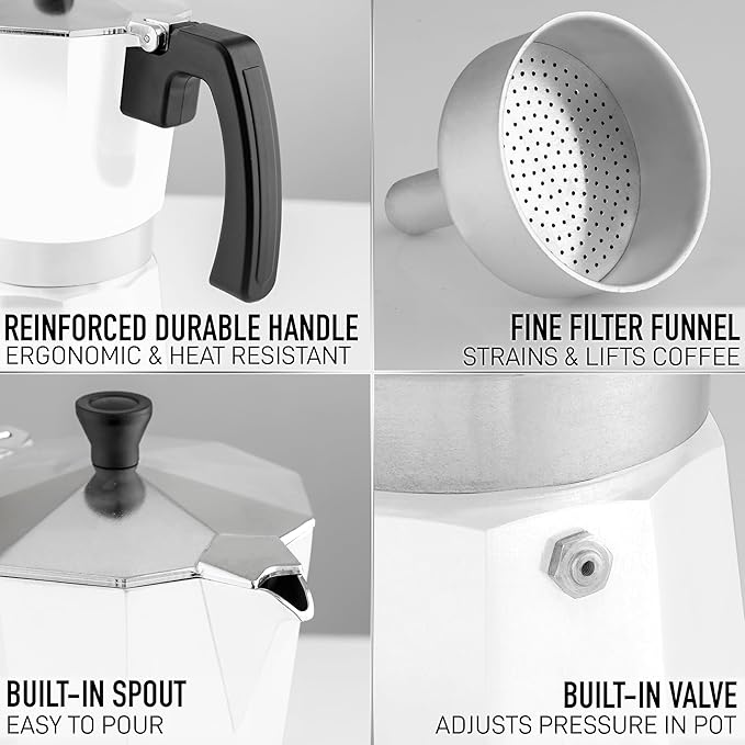 Zulay Moka Pot Espresso Stovetop Coffee Maker - Leak-Proof, Stainless Steel, Easy to Clean, Heat Resistant Handle & Knob - for Authentic Cuban & Italian Style Espresso - Makes 9 Espresso Cups - White
