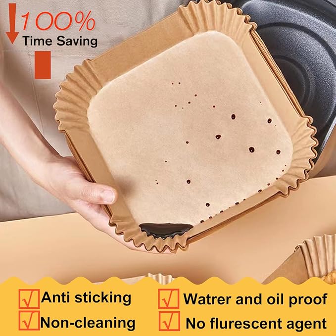 Air Fryer Disposable Paper Liner Square 10 Inch, 100Pcs Largest Square Air Fryer Paper Liners for 8-12QT Air fryer, Non-stick Food Grade Parchment Paper for Frying, Cooking, Roasting and Microwave