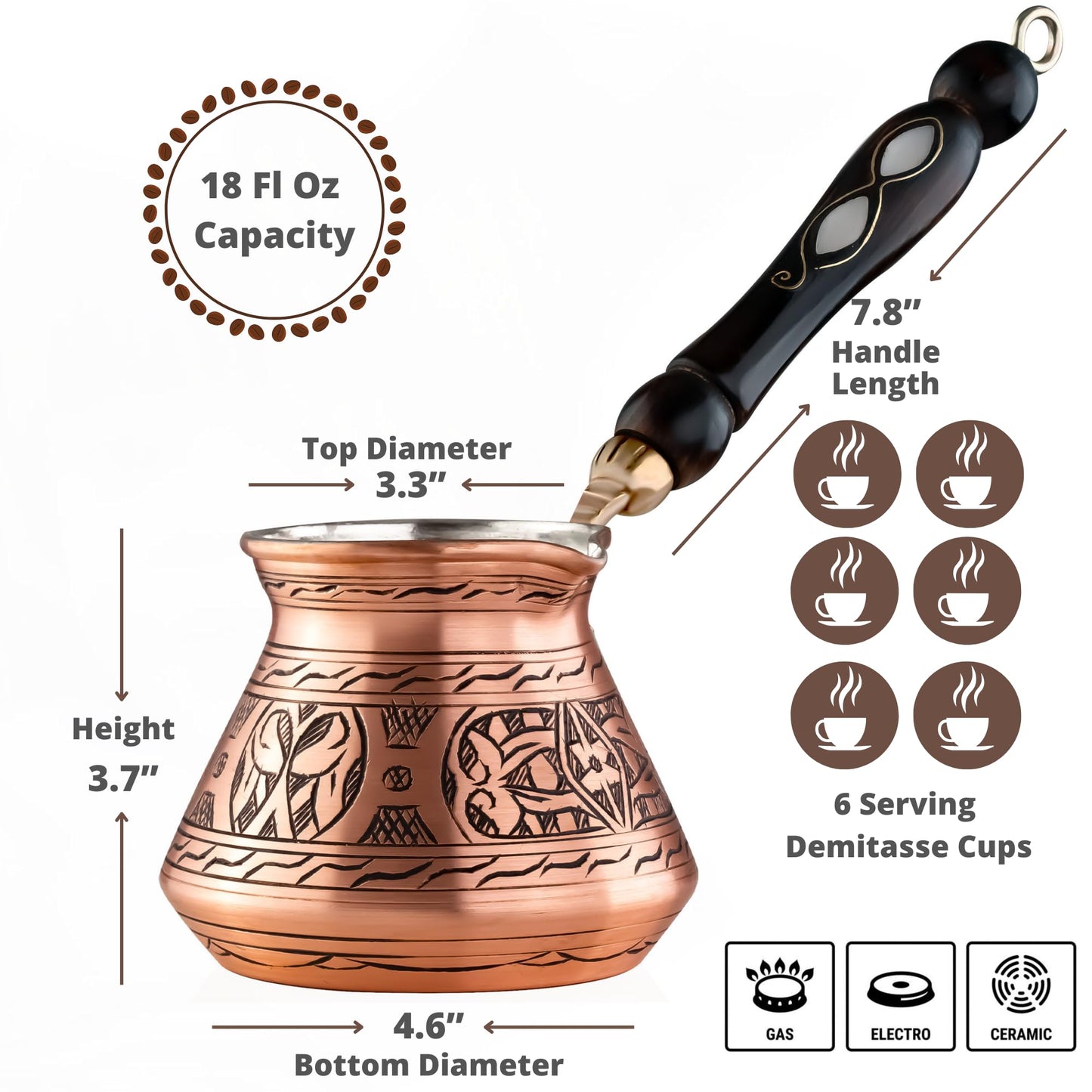 BCS 18 oz Handmade Copper Turkish Coffee Pot, Hand-Engraved Cezve & Spoon