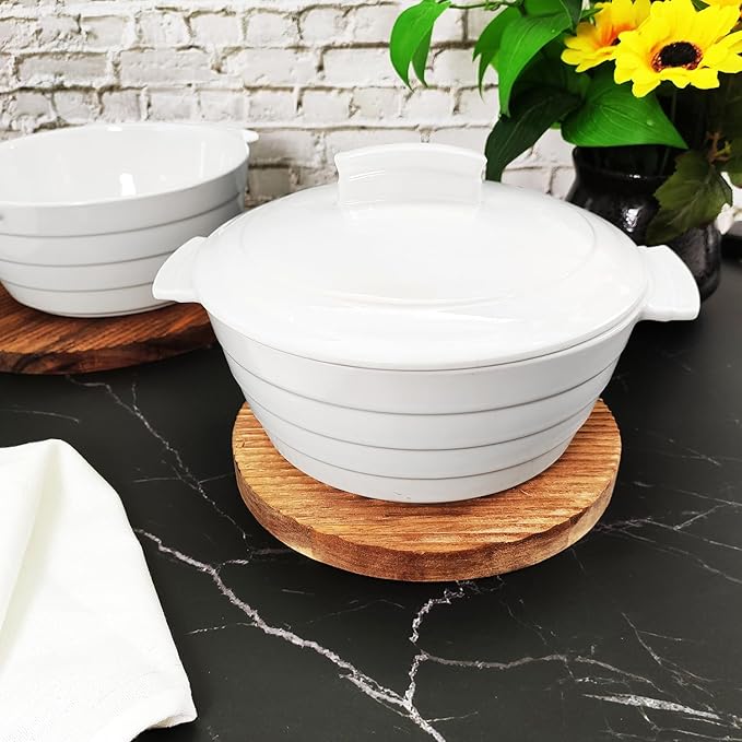 Casserole Dish 1.32 Quart French White Ceramic Bakeware Set with Lids, Chip and Crack Resistant Stoneware Baking Dish, Microwave, Dishwasher, Oven, Freezer and Fridge Safe