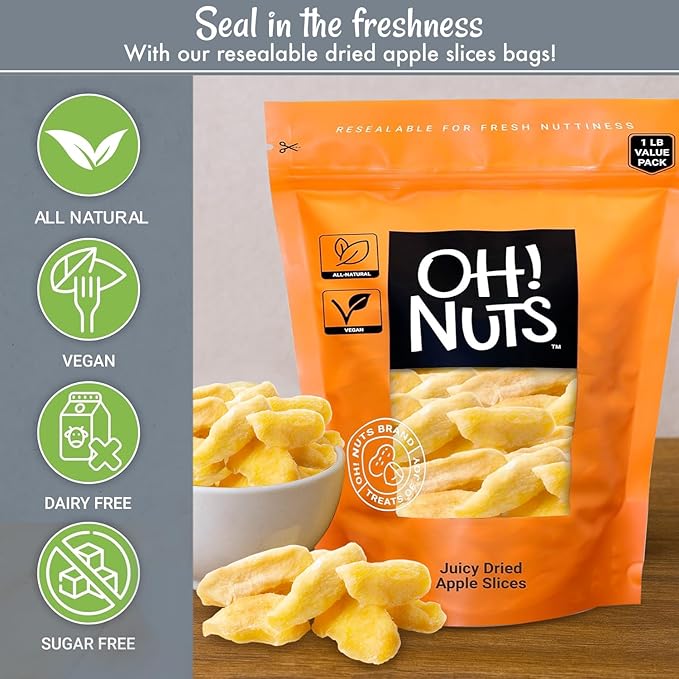 Oh! Nuts Juicy Dried Apple Slices - Sweetened Dehydrated Apple Slices - 1 lb Bulk Bag - Dried Apples for Snacking & Baking - Packed Fresh for Flavor