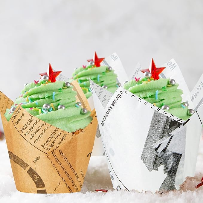 800 Pcs Tulip Cupcake Liners Baking Cups Muffin Baking Cupcake Liners Wrappers Greaseproof Tulip Cups Holders for Party Wedding Birthday Baby Showers(Newspaper,Retro Style)