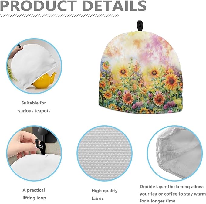 Watercolor Sunflower Print Teapot Cover Insulated Tea Kettle Cosy Dustproof Insulated Kettle Cover Breakfast Pot Cotton Filling for Home Kitchen Table Decorative Accessories