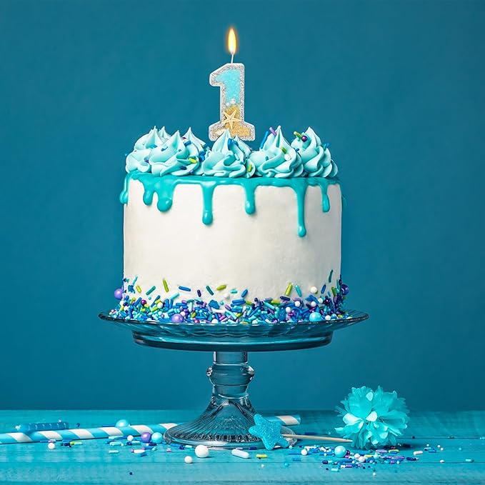 1st Birthday Candle for Cake, Beach Starfish Sequins Candles, 2.76 inch Cake Topper Decoration for Birthday Party (Number 1)