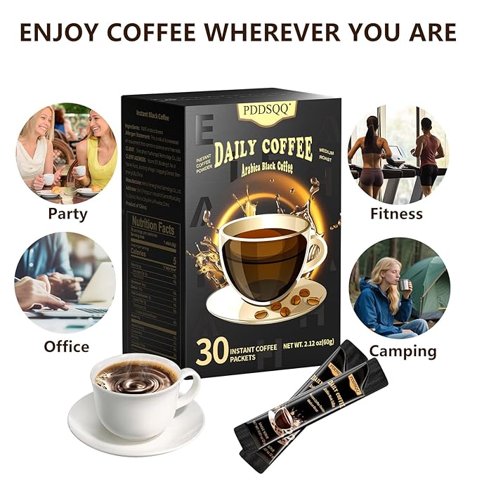 Instant Coffee Packets 30 Packs, Medium Roast Sugar Free Black Coffee Single Serve, 100% Arabica Beans (2oz / 60g), Hot or Iced Instant Coffee Powder Bulk for Camping Fitness Office Holiday Gifts