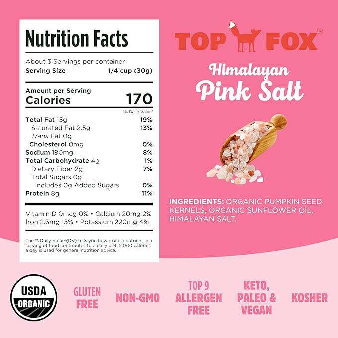 Top Fox Snacks Pumpkin Seeds to Eat (Himalayan Pink Salt, 3.5 oz – 6 Pack) - Gluten Free Snacks, Protein Snacks, Keto Friendly Snacks, Allergen Free Snacks, Paleo & Vegan - Organic Pop-Roasted